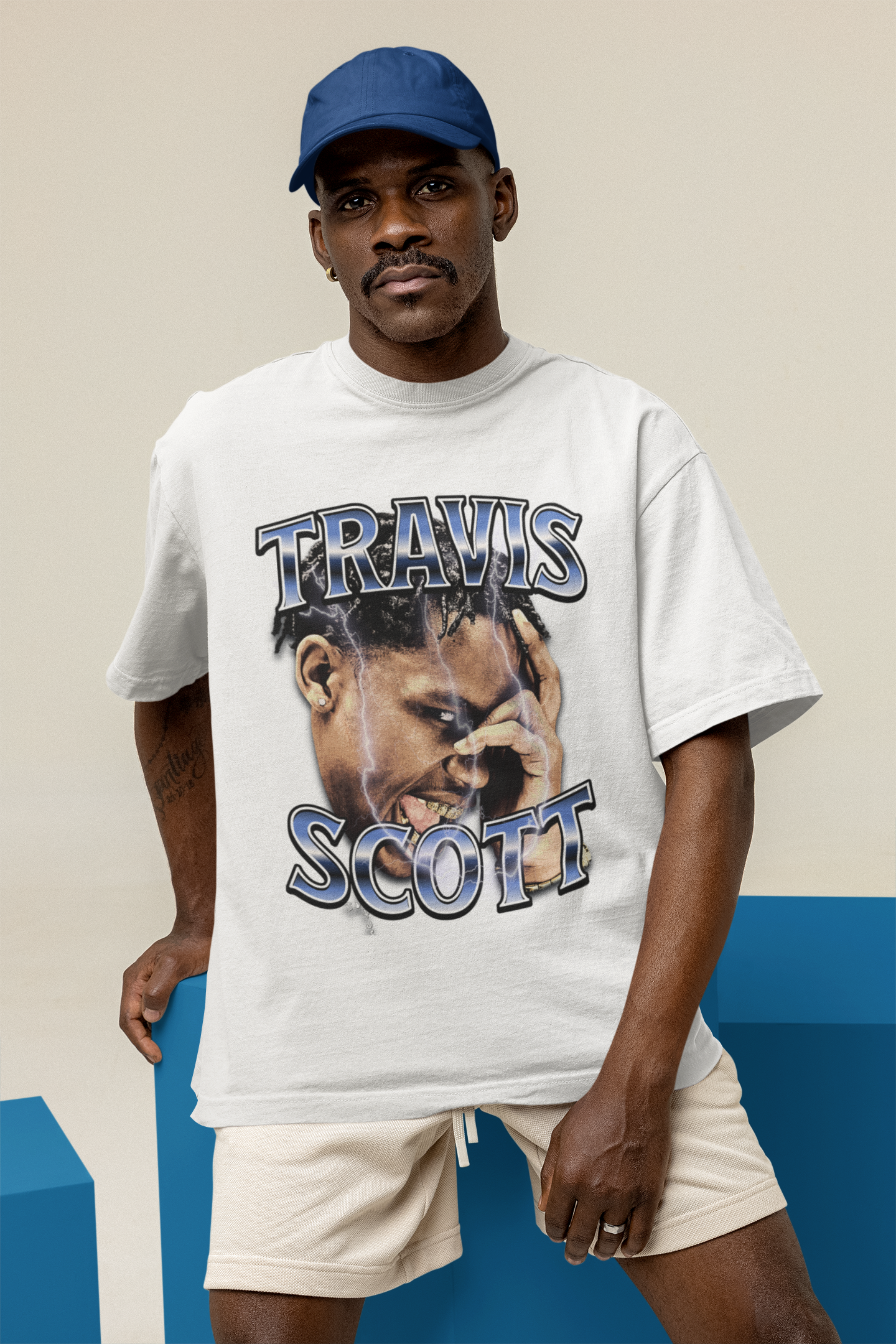 UrbanTees T-shirt Oversize Homme Blanc – Imprimé Bootleg Vintage Travis Scott Style Hip-Hop Streetwear