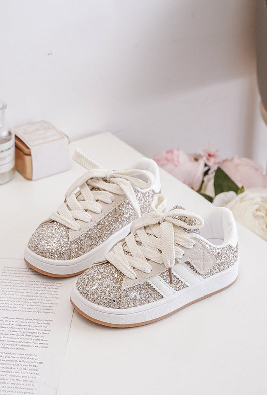 Baskets fille à scratch et lacets – Chaussures enfant pailletées dorées confortables et légères - MiniWalks