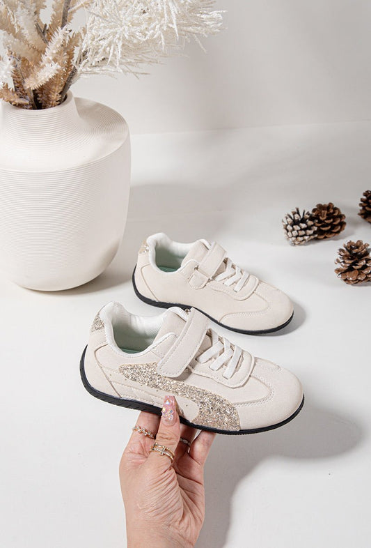 Baskets fille beige à paillettes dorées – Chaussures enfant à scratch légères et confortables - MiniWalks