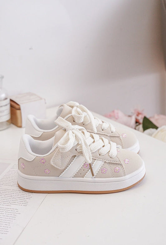 Baskets fille beige à scratch et lacets – Chaussures enfant fleuries confortables et légères - MiniWalks
