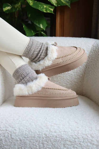 Chaussons bottines en cuir et suédine fourrée beige – Douceur cocooning et semelle plateforme antidérapante - MiniWalks