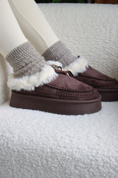 Chaussons bottines en cuir et suédine fourrée chocolat – Douceur d’hiver et semelle plateforme antidérapante - MiniWalks