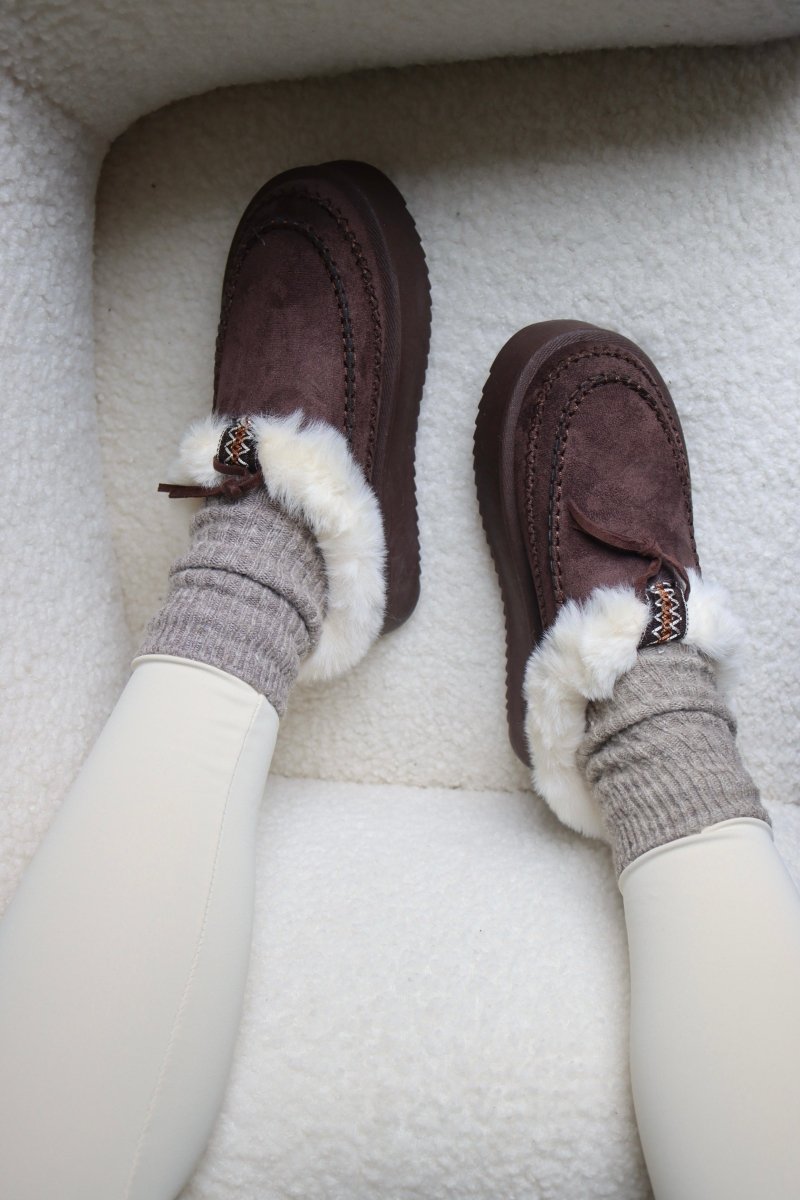 Chaussons bottines en cuir et suédine fourrée chocolat – Douceur d’hiver et semelle plateforme antidérapante - MiniWalks