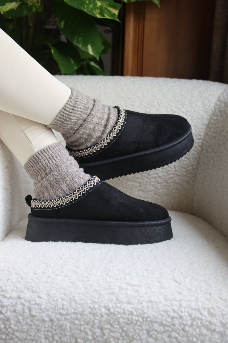 Chaussons en cuir et suédine noirs – Style chic cocooning, semelle plateforme antidérapante - MiniWalks