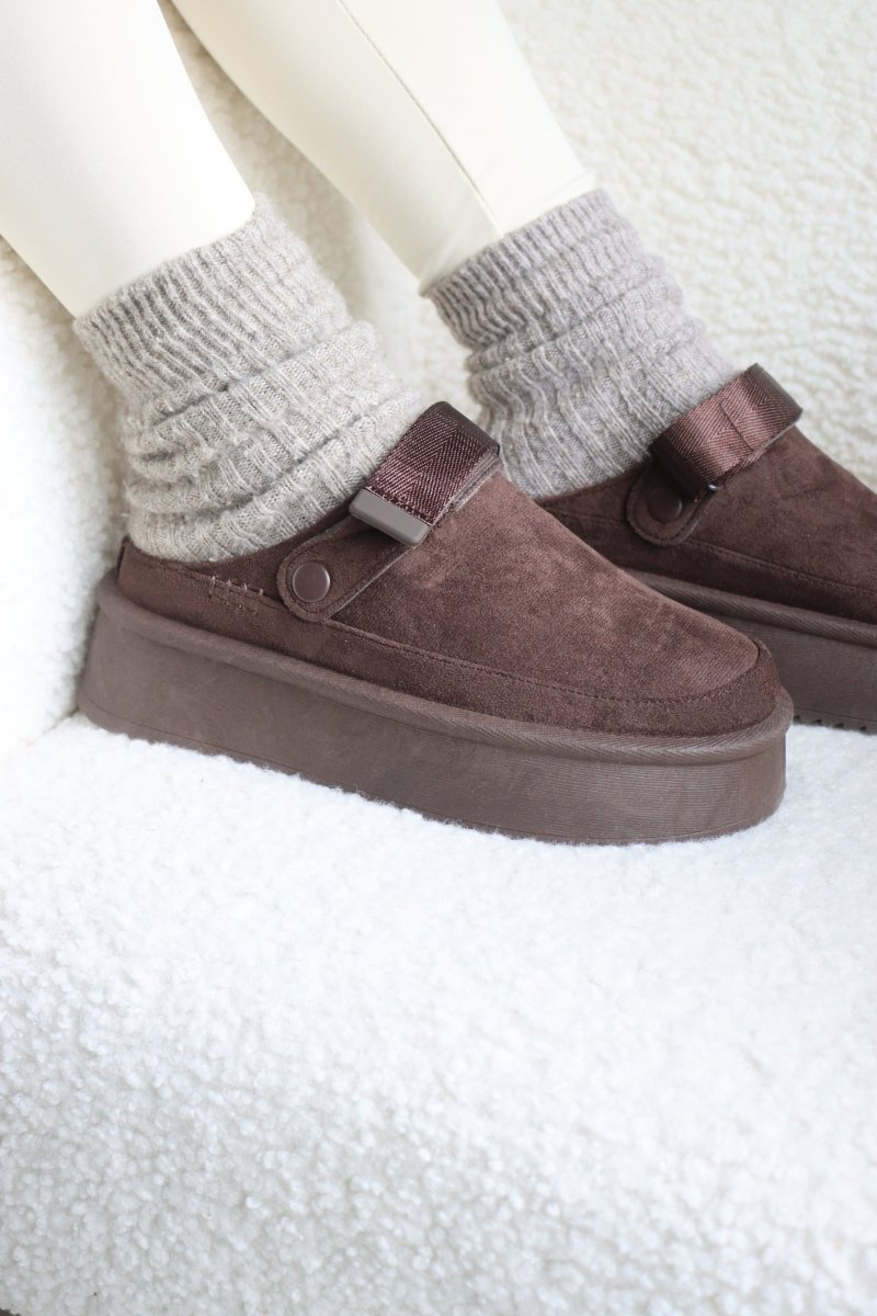Mules d’intérieur en cuir et suédine marron – Confort cocooning, semelle plateforme antidérapante - MiniWalks